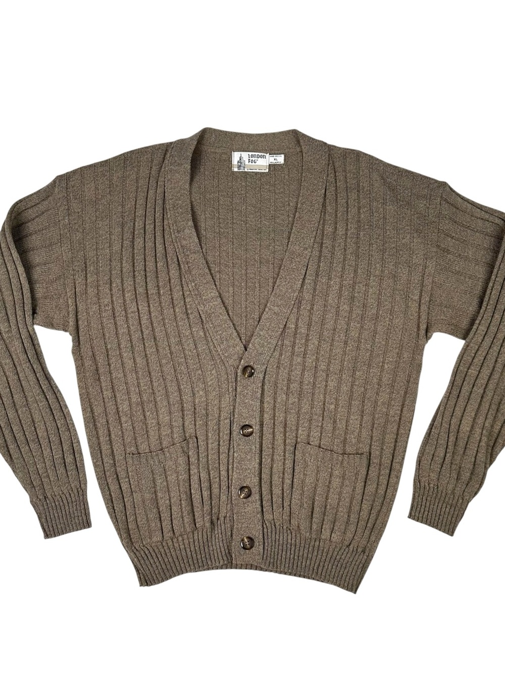 Vintage London Fog Cardigan Sweater Mens XL Brown Ribbed Knit Made In USA 80s
